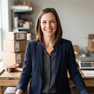 Packaging consultant at a bench of flat-packed kraft cartons
