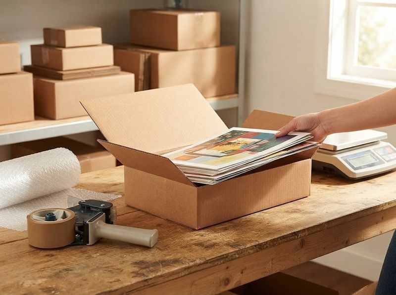 Sealed kraft cartons on a pallet beside a weight sheet on a clipboard