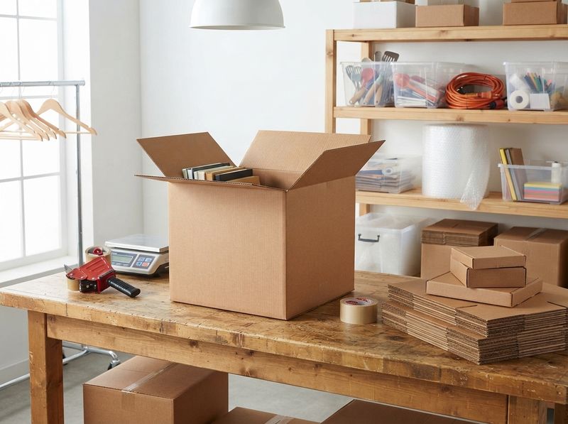 Three layers of kraft cartons stacked on a wooden pallet under stretch wrap
