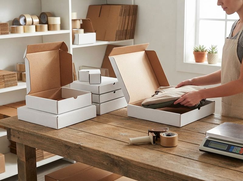 A double-wall kraft cube on a packing bench with tape wrapped fully around it