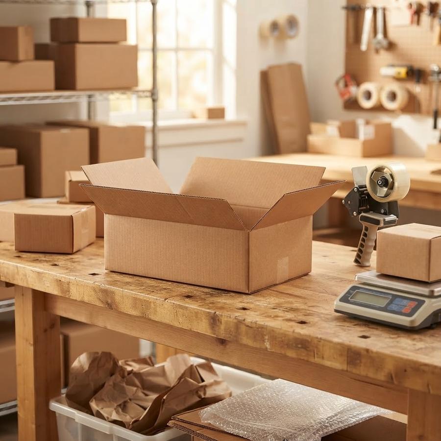 Flat boxes filled with books and folded apparel