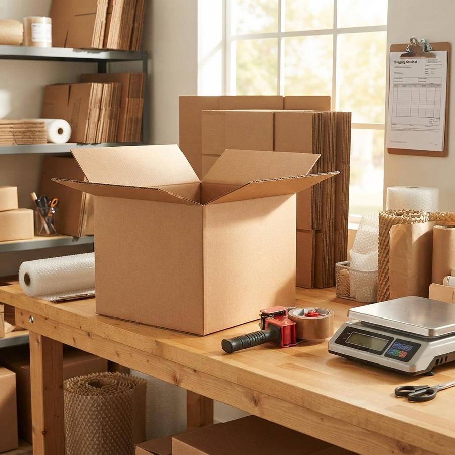 A double-wall carton packed with a label printer in foam