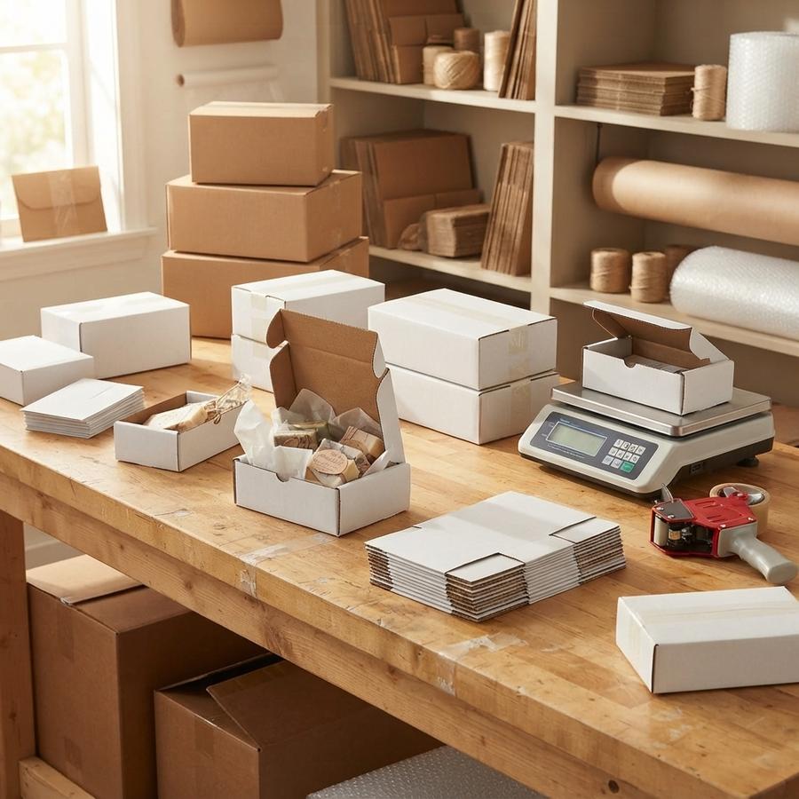 White tuck-top mailers folded by hand at a desk