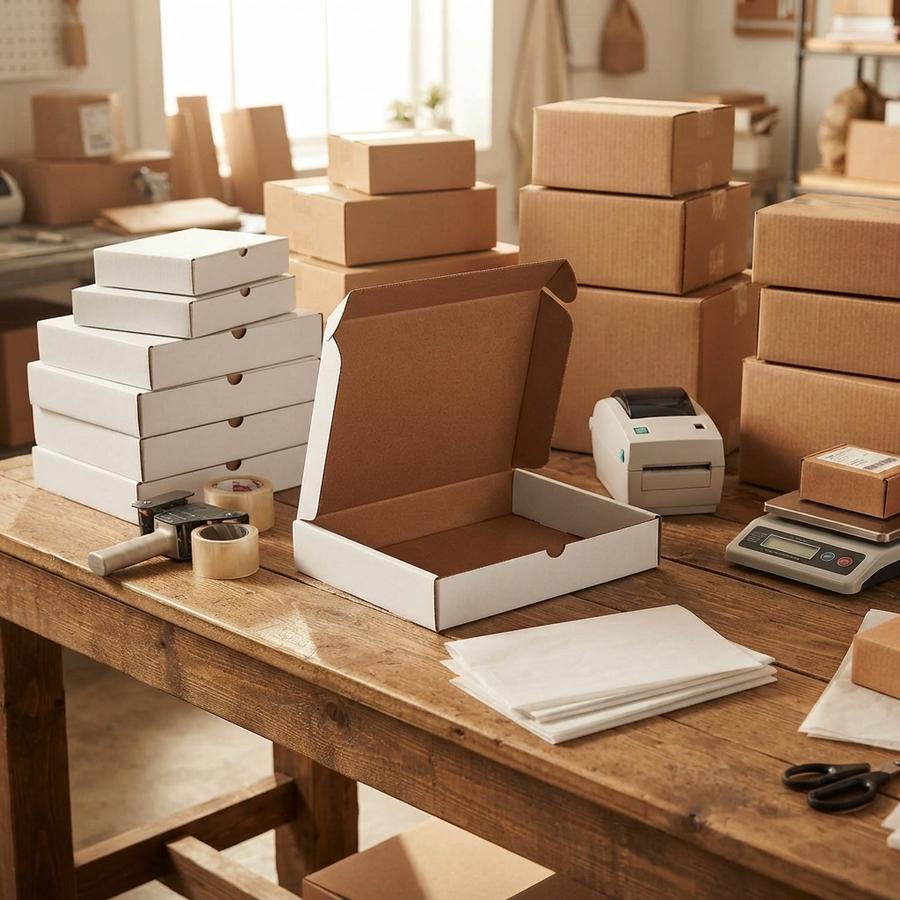 Shallow double-wall boxes stacked flat beside a packing bench